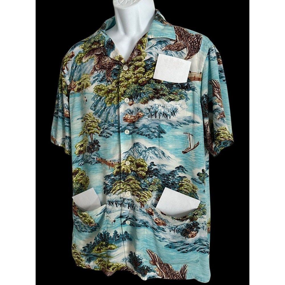 Polo Ralph Lauren Shirt Guayabera Camp‎ Button Loop Collar Scenic Bird M
